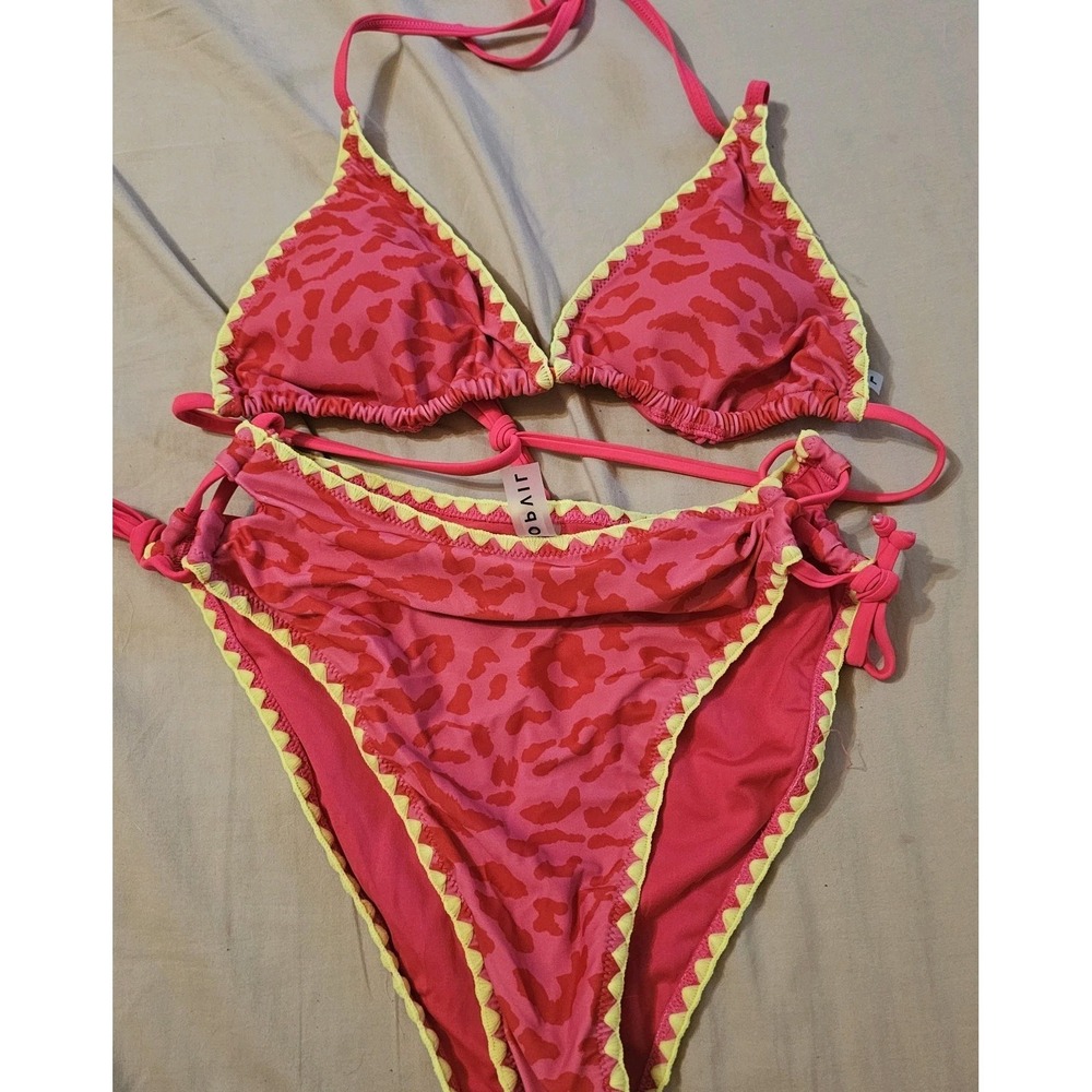 Popvil Leopard Lace Up Spandex Bikini Sky Hot Pink Large